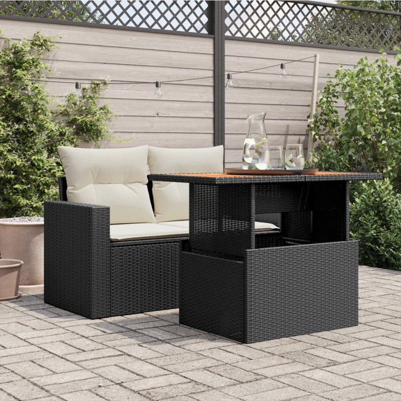  Garden Table Black PE Rattan, Powder-Coated Steel, Solid Acacia Wood, Black