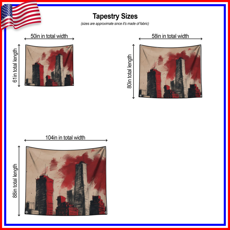 Tapisserie murale rouge gratte-ciel - Décoration murale gratte-ciel, 104 po H x 88 po avec 4 œillets