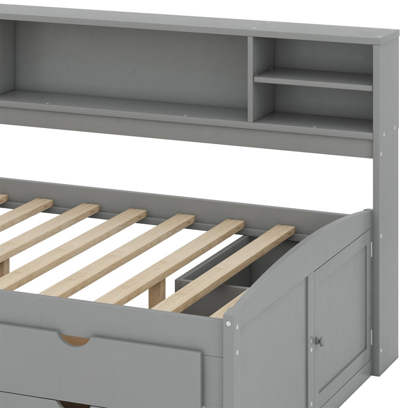 Lit de jour avec 2 armoires de chevet, tablettes supérieures et 4 tiroirs, Gris