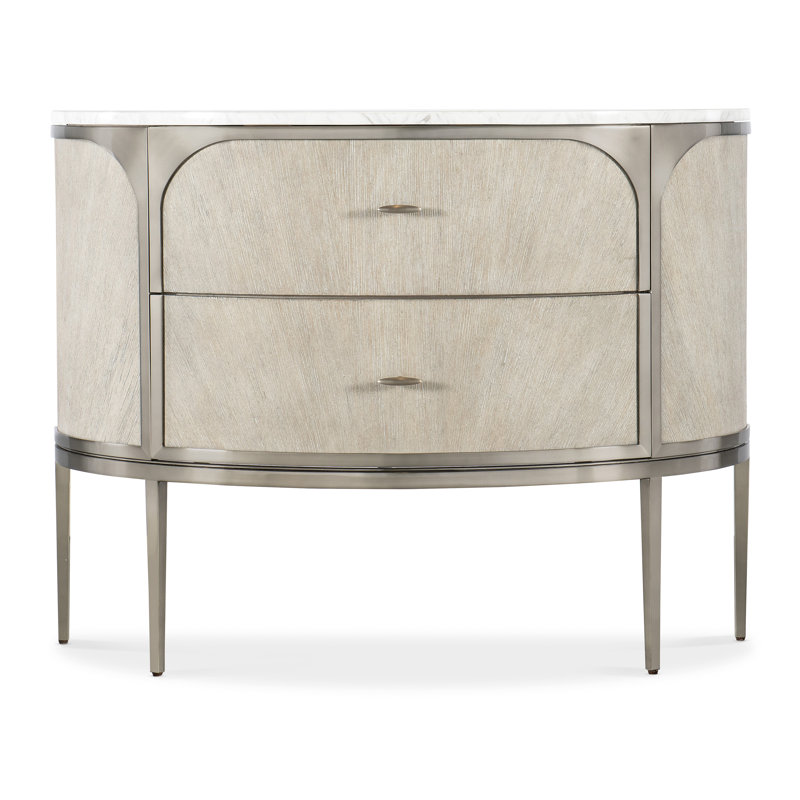 Modern Light Wood and Metal 2-Drawer Nightstand with Marble Top