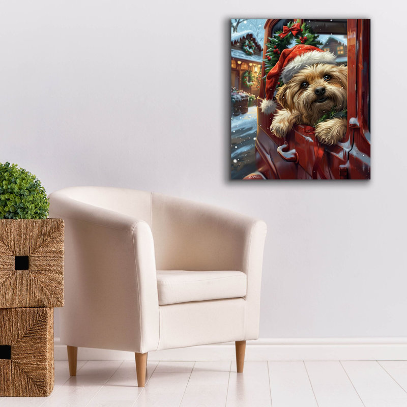 «The Holiday Aisle®« Puppy with Santa Hat On A Red Pickup 1 »par Momart, art mural sur toile, 26 po x 30 po
