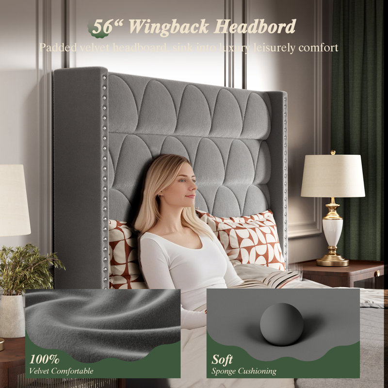 56" High Back Velvet Upholstered Wingback Headboard, Floor-standing For Adjustable Mattress Heights, Gray, Queen