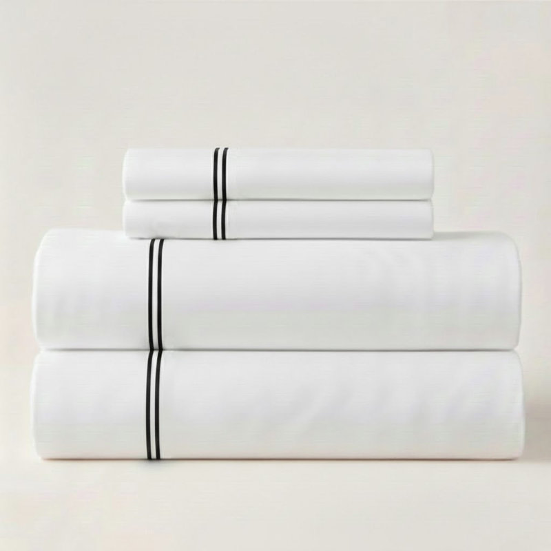 500TC Cotton Double Embroidery Sateen Solid Cotton 4 Piece Sheet Set Fitted Sheet Fits Upto 16" Deep Pocket, Black Border