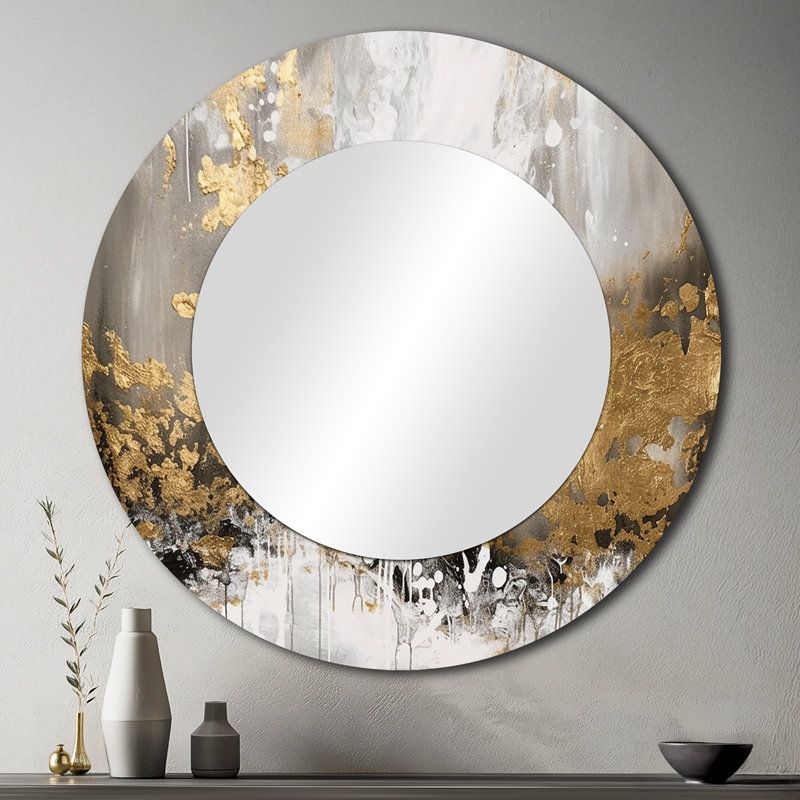 Or et blanc abstrait - miroir mural abstrait, miroir décoratif rond moderne, impression d'art en métal, 36 po x 36 po