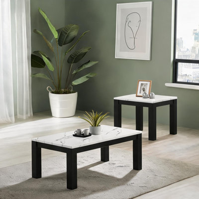 Ensemble de table de salon moderne avec plateau en faux marbre, 3 pièces, blanc et noir mat, comprend une table basse rectangulaire et deux tables de bout carrées