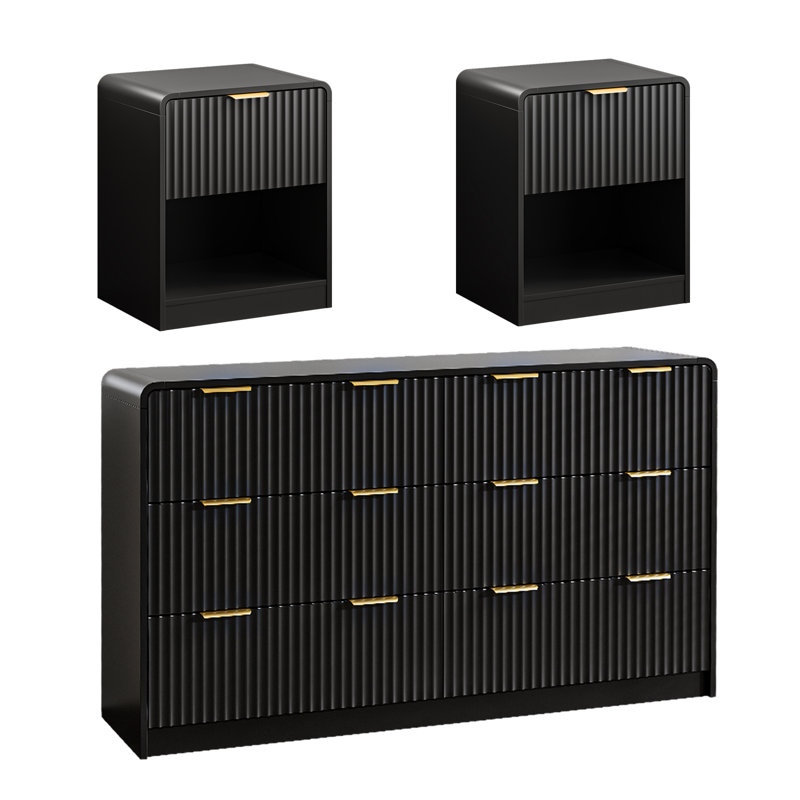 Ensemble de chambre à coucher 3 pièces, commode 6 tiroirs et 2 tables de chevet, noir, Noir