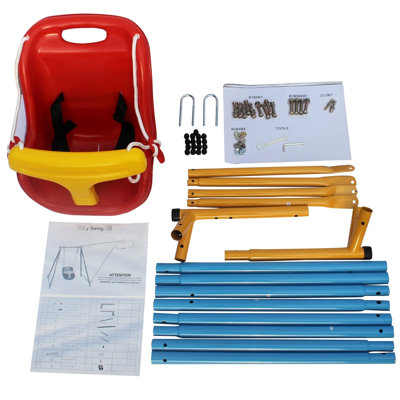 Balançoire intérieure / extérieure pour 9 à 36 mois, structure en métal A, siège, acier thermolaqué, supporte 55 lb avec ceinture, cour en acier de toute taille, vieux, multicolore