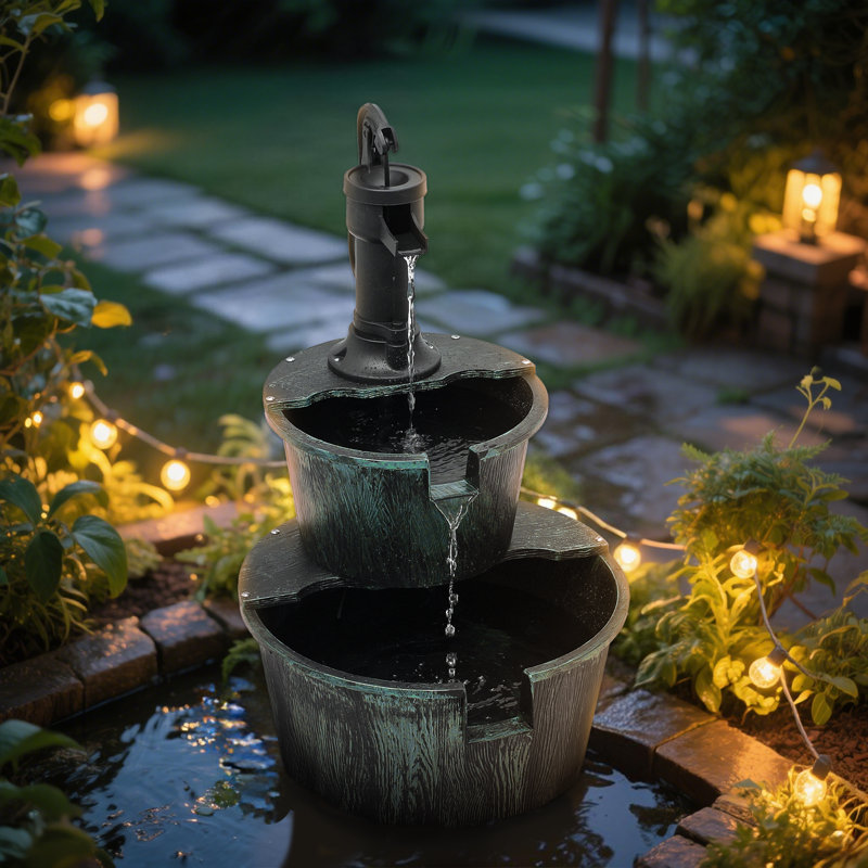 Jackielynn 27" Barrel and Pump Fountain Outdoor, Cascading Waterfall Fountain with Recirculating Pump, Green/Black