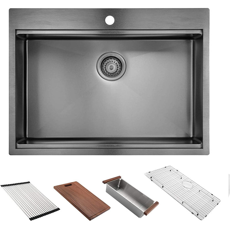 27" L x 22" W Drop In Kitchen Sink Gunmetal Black, HERCATE 16 Gauge Stainless Steel Workstation Sink, 27 Inch Topmount Single Bowl Sink with Accessories