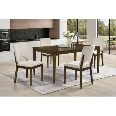 Contemporary 5pc Extendable Dining Set Table and 4x Upholstered Chairs Light Beige Self Storing Leaf Wooden Furniture