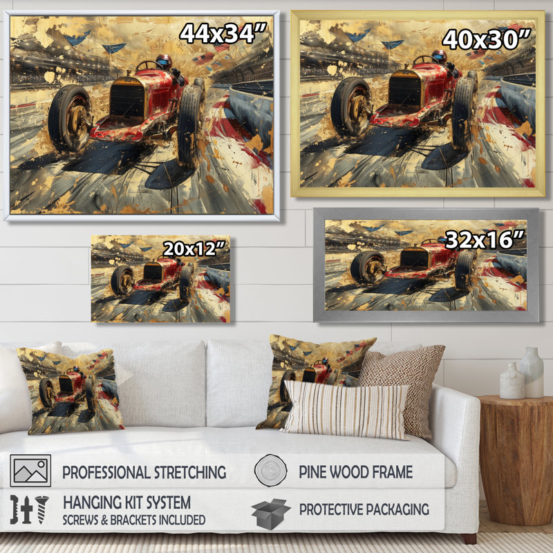 Rétro piste de course de voiture classique I - salon d'art mural, H 16 po x l 32 po x P 1 po