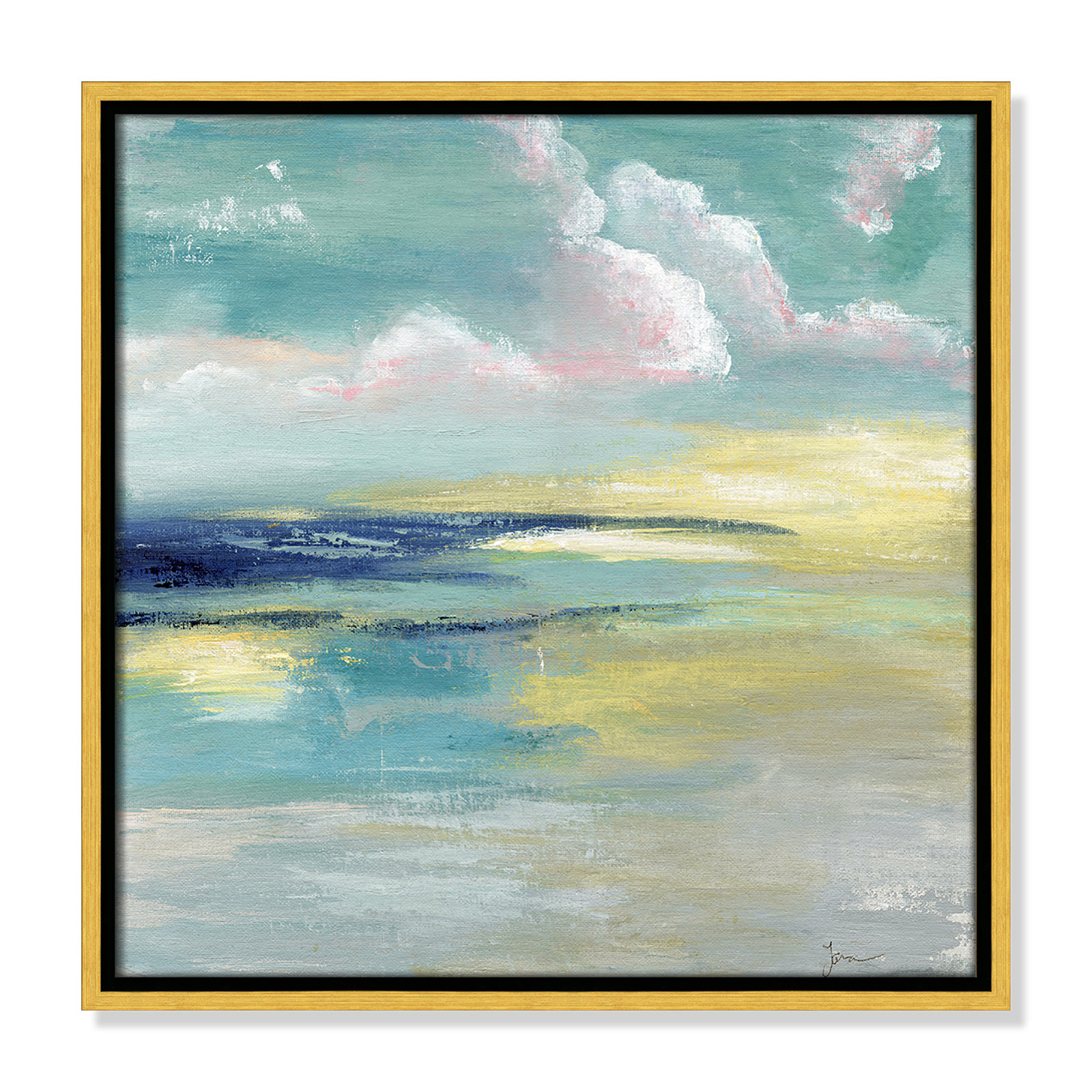 Bertie "Ocean View" Painting by Tava Studios, 17.5" H x 17.5" W x 2" D, Gold Framed Canvas