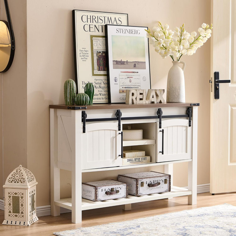 Entryway Table with Sliding Arch Doors, 46" Rustic Console Table with Adjustable Shelf, Natural