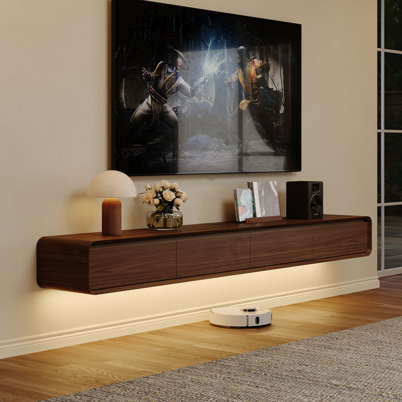 Floating TV Stand, Entertainment Center With LED Light, Solid Wood, Fully-Assembled, Brown, 9.84" H x 94.48" L x 14.57" W