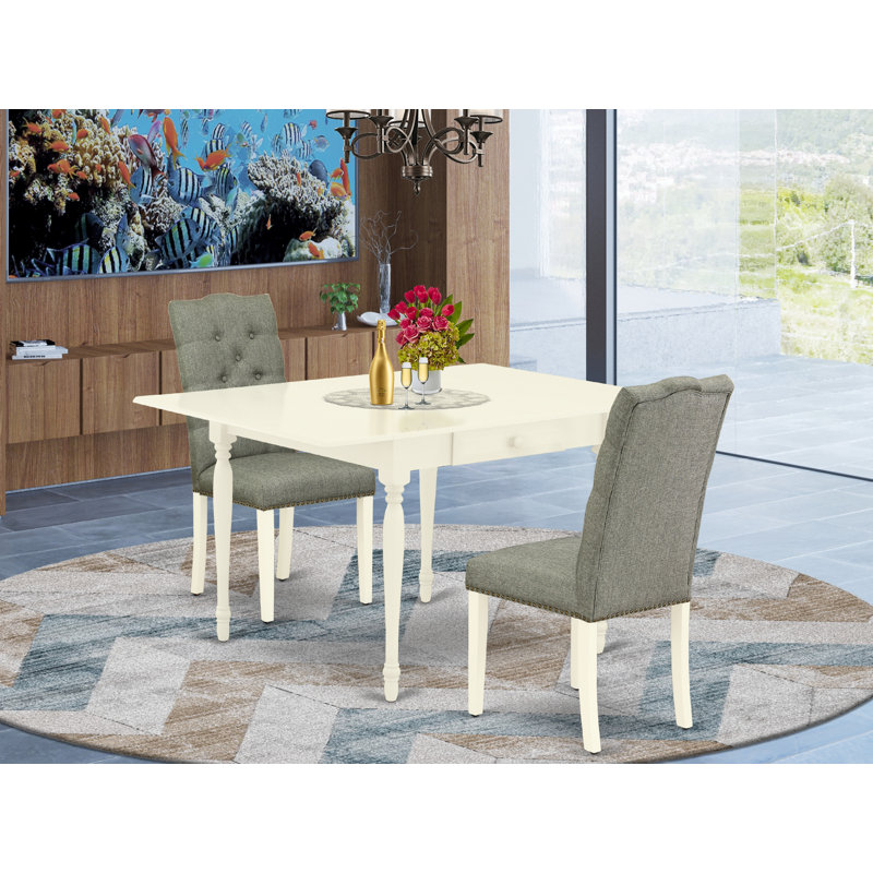 L'ensemble de 3 pièces de table de salle à manger moderne contient une table rectangulaire en bois avec Dropleaf et 2 chaises de salle à manger Parson en tissu gris, lin blanc