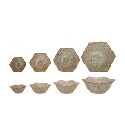 4-Piece Stoneware Flower Shaped Bowls With Reactive Glaze