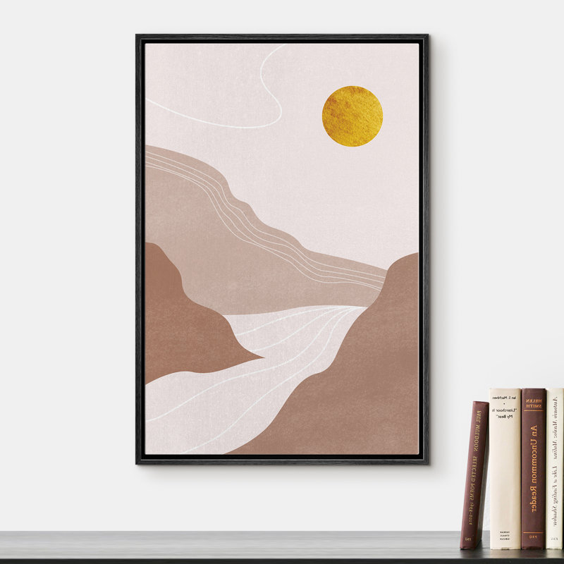 «Signature», reproduction d'art sur toile encadrée, soleil doré sur montagnes brunes et rivière, nature, art numérique, art moderne moderne de style Mid-Century coloré pour le salon, la chambre à coucher et le bureau - 24 po x 36 po - noir