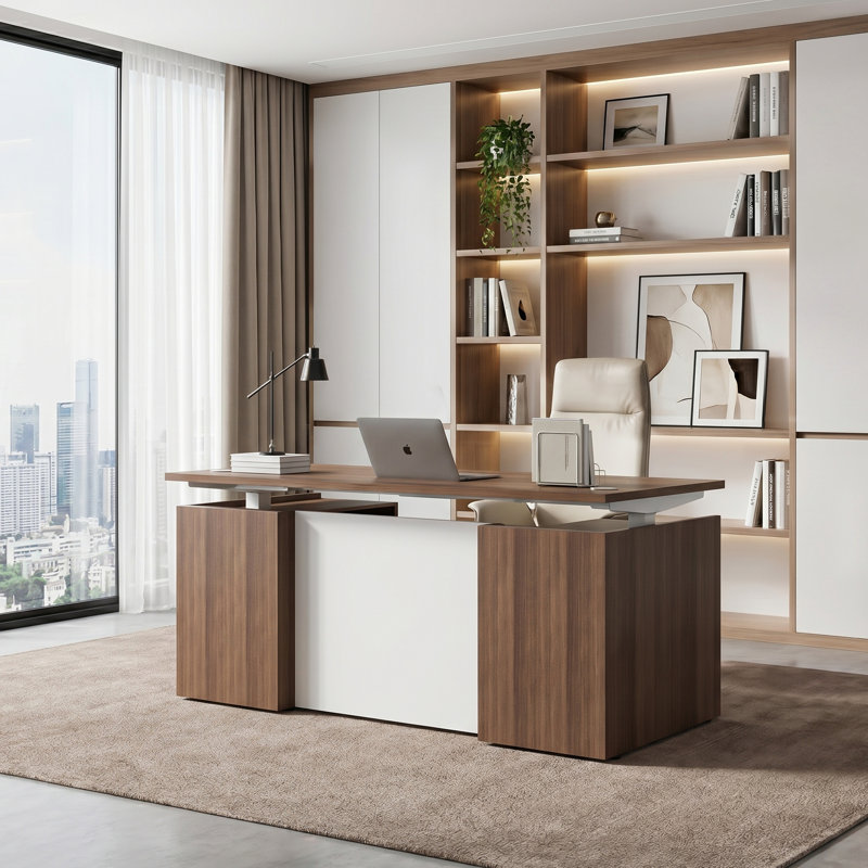 Nishad Adjustable Height Executive Standing Desk Pedestal, Walnut, Rectangular without Drawer