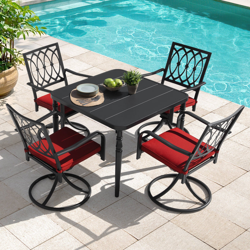 5pcs Metal Patio Dining Set With Umbrella Hole, Swivel Chairs With Cushions, 4