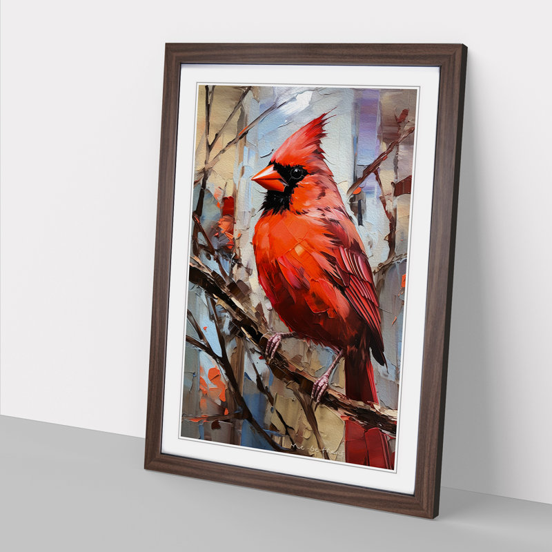 Cardinal Bird Gestural - Single Picture Frame Print on Wood, Walnut Framed, 34cm H x 25cm W x 2cm D