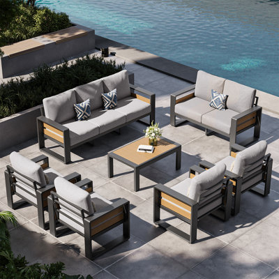 7-Pcs Outdoor Patio Furniture Sofa Set – 9-Person Modern Sectional With Removable Cushion