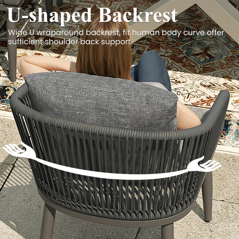 Outdoor Dining Set Woven Rope Wicker Patio Dining Set With Rectangular Aluminum Table And Modern Armrest Dining Chairs, Grey