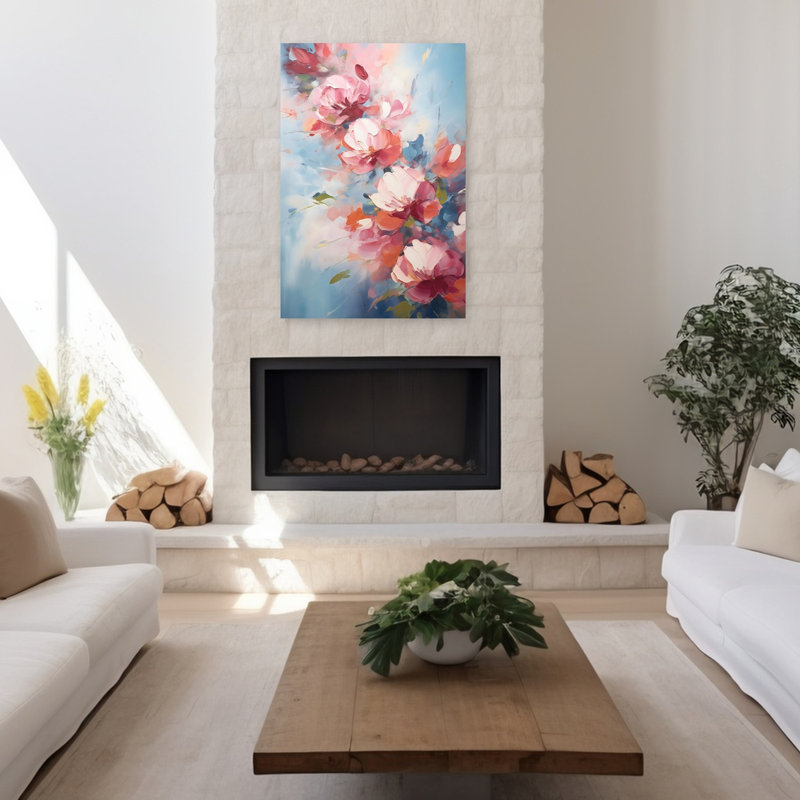 Art floral abstrait floral rouge et rose sur fond bleu