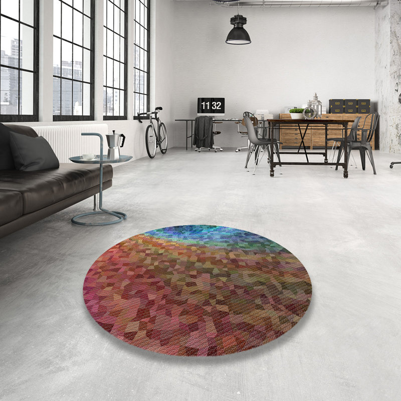Tapis bleu/brun à motifs, Rond 8 pi