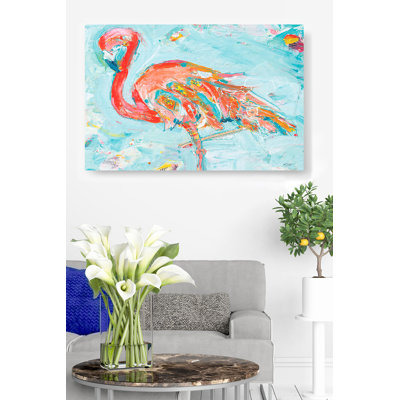 Flamingo Colorful, Bright, Red, Pink, On Blue Teal, Cyan, Orange, Impressionist, Collage, Coastal, Bird
