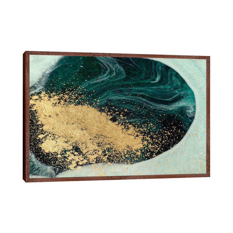 Glitter Teal Blue Marble - Print on Canvas, 66.04 cm H x 45.72 cm W, Classic Brown Wood Framed