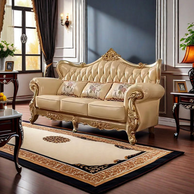 European Style Solid Wood Champagne Gold Sofa 88.9'' Genuine Leather Rolled Arm Sofa