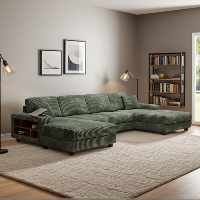 Canapé d'angle modulaire en velours côtelé de 137 po de largeur, 4 pièces, en forme de U, surdimensionné et confortable, avec 2 étagères de rangement latérales et méridiennes.