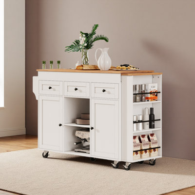 Îlot de cuisine 85,5 po avec table de salle à manger extensible, table de rangement avec 3 tablettes ouvertes latérales, îlot de cuisine roulant avec prise de courant, 3 tiroirs, 2 portes, pour la cuisine, la salle à manger