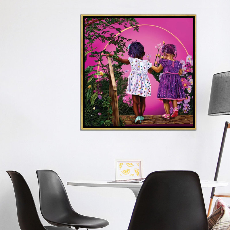 Voyage avec ma sœur-impression d’art graphique, Pas de tapis, Toile encadrée d'or, H 37 po x l 37 po x P 1,5 po