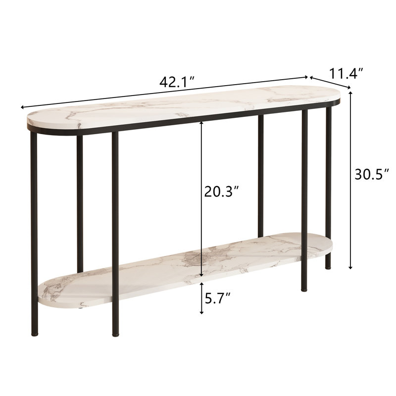 Console 42 po à 2 niveaux en faux marbre, canapé d'entrée étroit avec structure en métal pour petits espaces, Noir