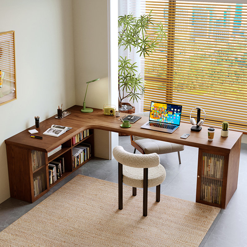 Nut-brown L-Shaped Solid Wood  desk, 29.53" H x 62.99" W x 47.24" D, Left Hand Return