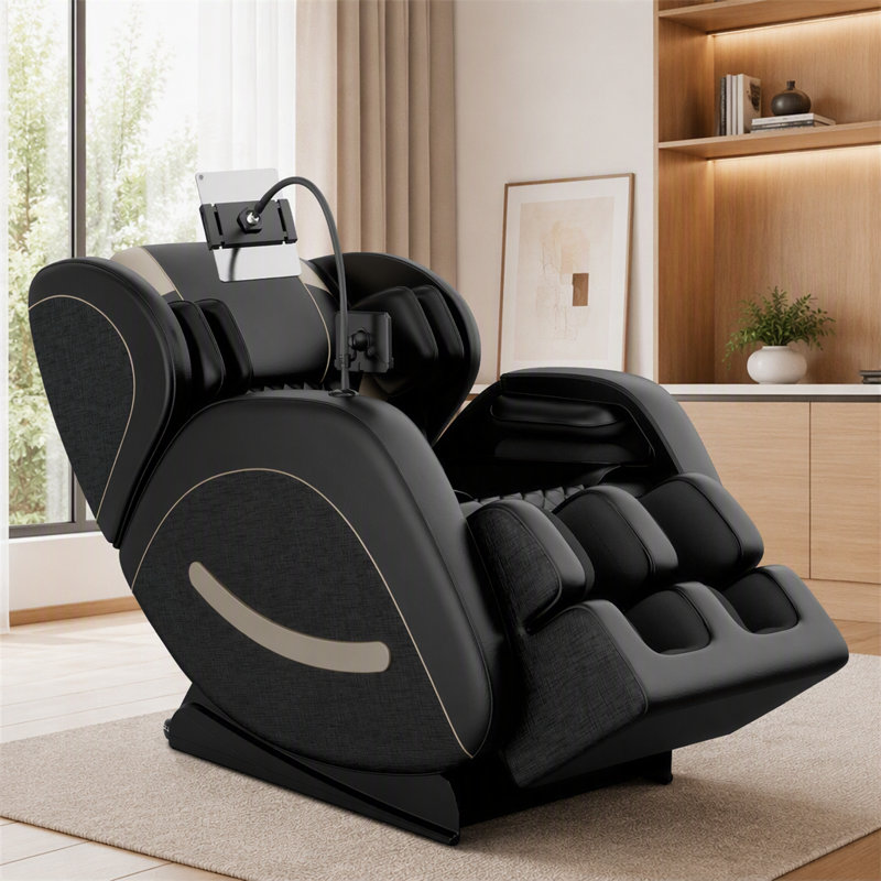 Fauteuil de massage inclinable de 28,53 po de largeur, finition noire, système de pression d'air complet en similicuir, Black