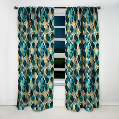 Teal And Golden Modern Geometric Tiles - Abstract Geometric Velvet Room Darkening Curtain - 1 Panels