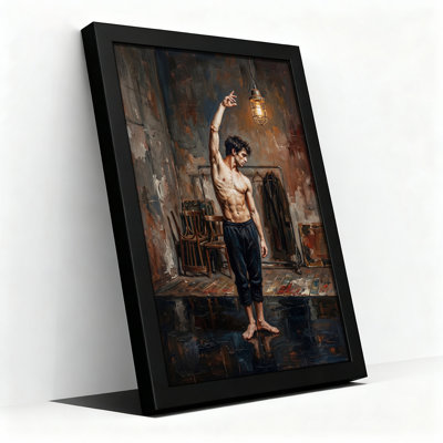 Shirtless Man Reaching for Industrial Lamp Canvas Wall Art
