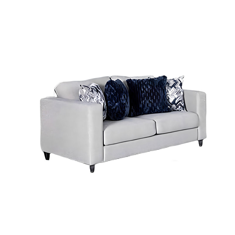 Causeuse Harie, 4 coussins décoratifs bleus, chenille gris clair, 67 pouces