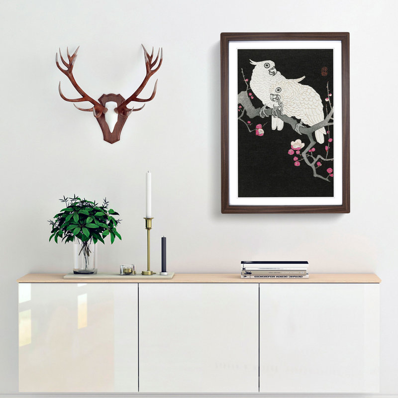 Plum Blossom Tree with Two Cockatoos by Ohara Koson - Picture Frame Painting Print on MDF, Walnut, 76cm H x 50cm W x 2cm D
