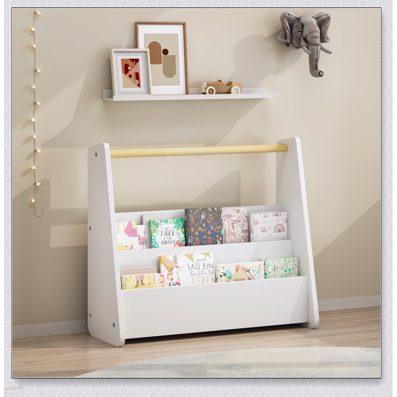 Bibliothèque pour enfants avec poignée en bois, bibliothèque pour tout-petits à 2 niveaux faisant face à l'avant, organisateur de rangement de livres pour enfants pour chambre à coucher, salle de jeux, chambre de bébé ou salle de classe