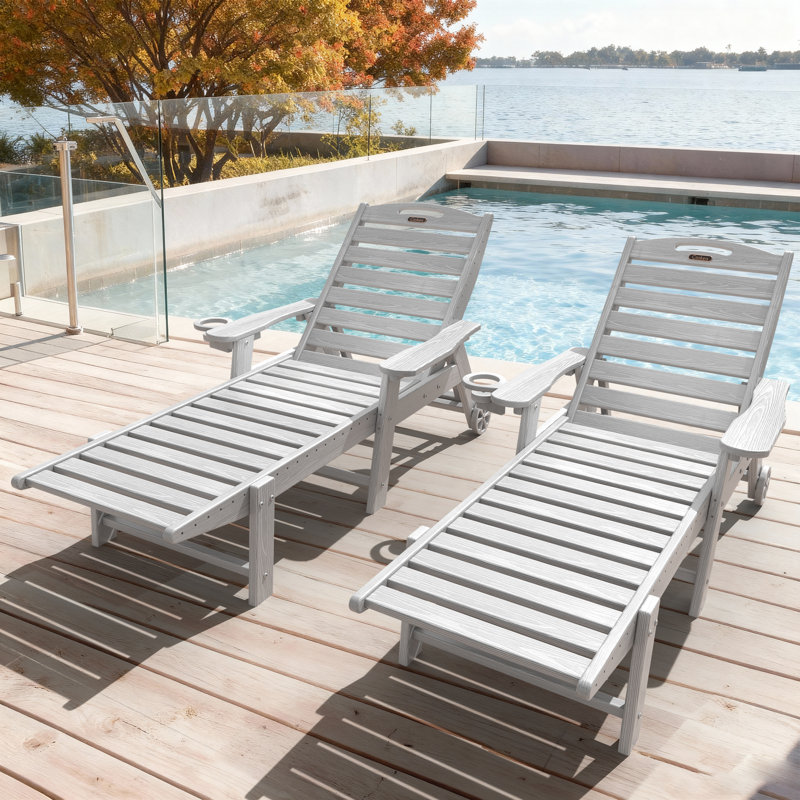 Outdoor Wood Texture Pool Reclining Lounge Chaise  With Wheels & Cup Holder (Set of 2), White