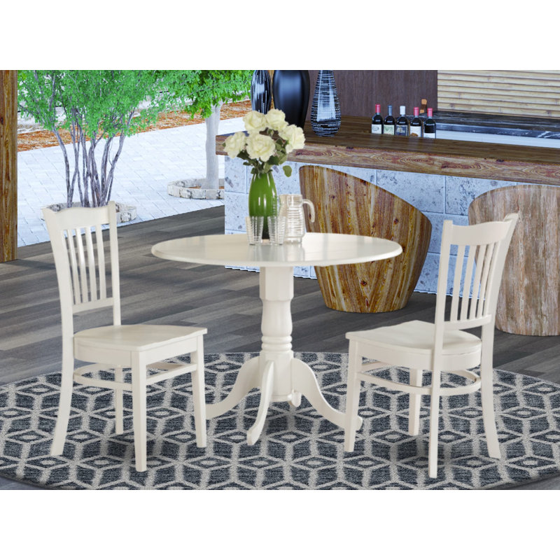 L'ensemble de table de salle à manger 3 pièces pour petits espaces comprend une table de salle à manger ronde avec Dropleaf et 2 chaises en bois, 42 po x 42 po, lin blanc