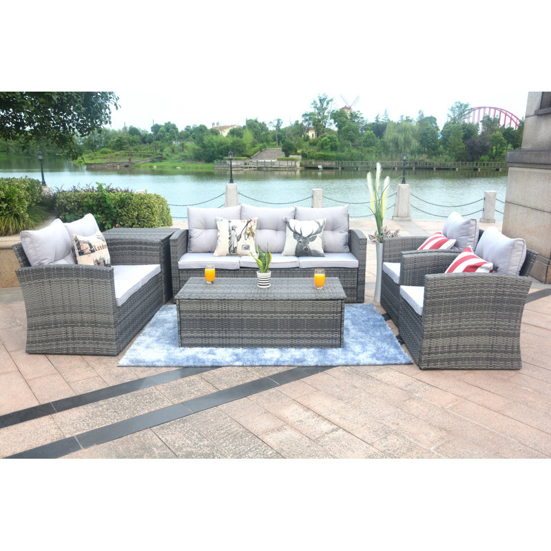 Godfrey Wicker 7 - Person Patio Conversation Set with Cushions, Gray