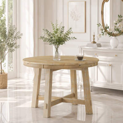 Farmhouse Round Extendable Dining Table with 16" Leaf, Wood Kitchen Table, Natural Wood Wash
