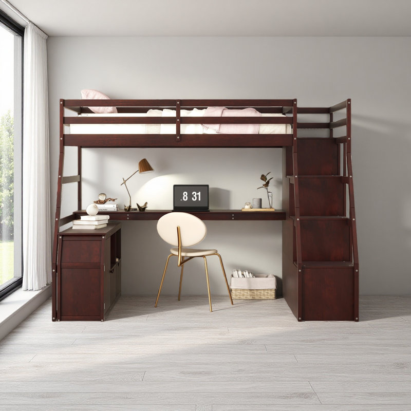 Lit mezzanine simple avec 7 tiroirs, 2 tablettes et un bureau, Espresso