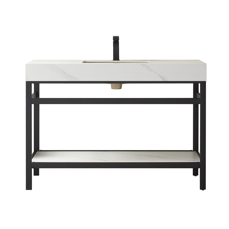 48'' Single Bathroom Vanity with Stone Top, Matte Black, Matte Black, Limestone Slab Stone