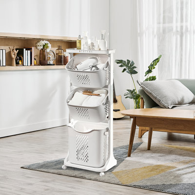 Chariot à linge roulant avec 3 paniers à linge en plastique