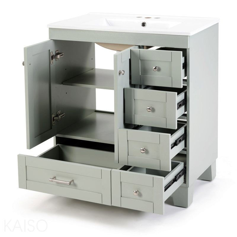 Meuble-lavabo bleu gris 30 po avec lavabo en céramique - Tiroirs à fermeture en douceur, structure en bois massif, rangement multi-organisateur
